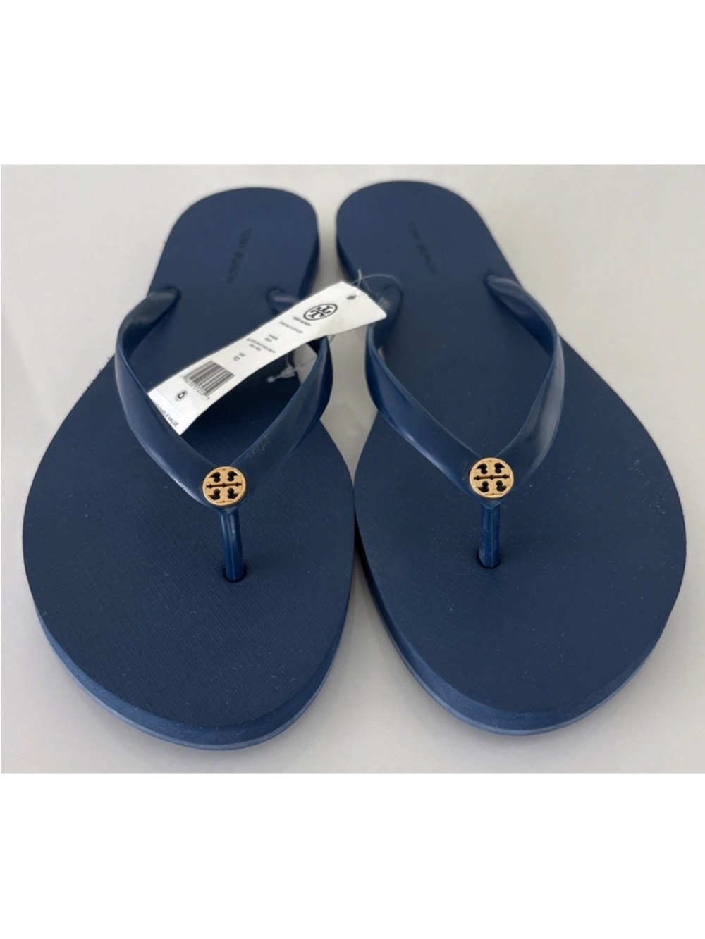 Tory Burch Navy Flip Flops with Gold Logo NWT